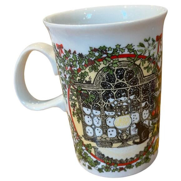 Vtg 2 DUNOON MUGS SUE SCULLARD CHRISTMAS TREE FIREPLACE CATS DOORS - Picture 4 of 10